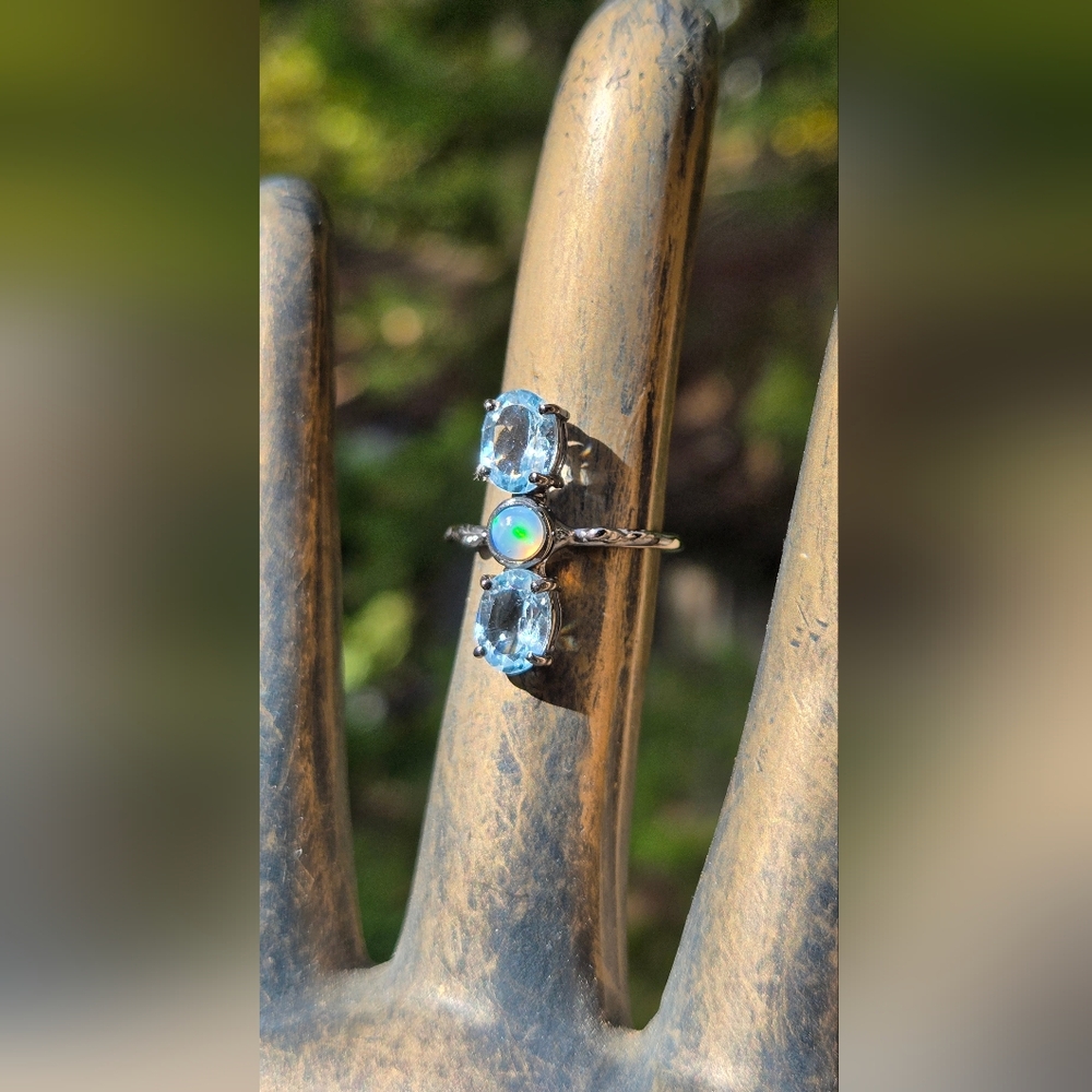 Blue Topaz & Opal Natural Gemstone Sterling & Rhodium Ring Sz6 - Picture 5 of 8